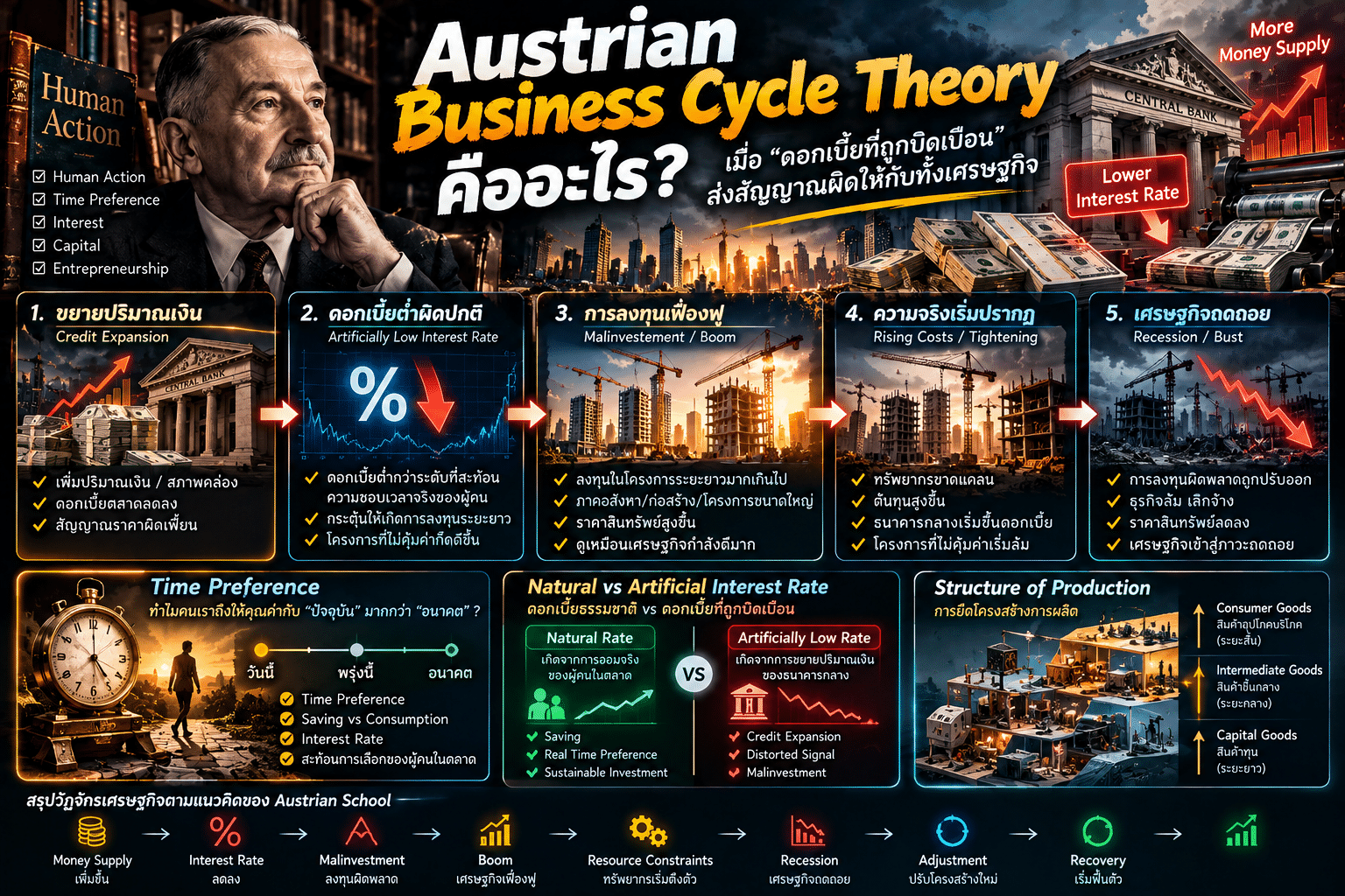 Austrian Business Cycle Theory อธิบายวัฏจักรเศรษฐกิจจากดอกเบี้ย การลงทุน Boom และ Recession
